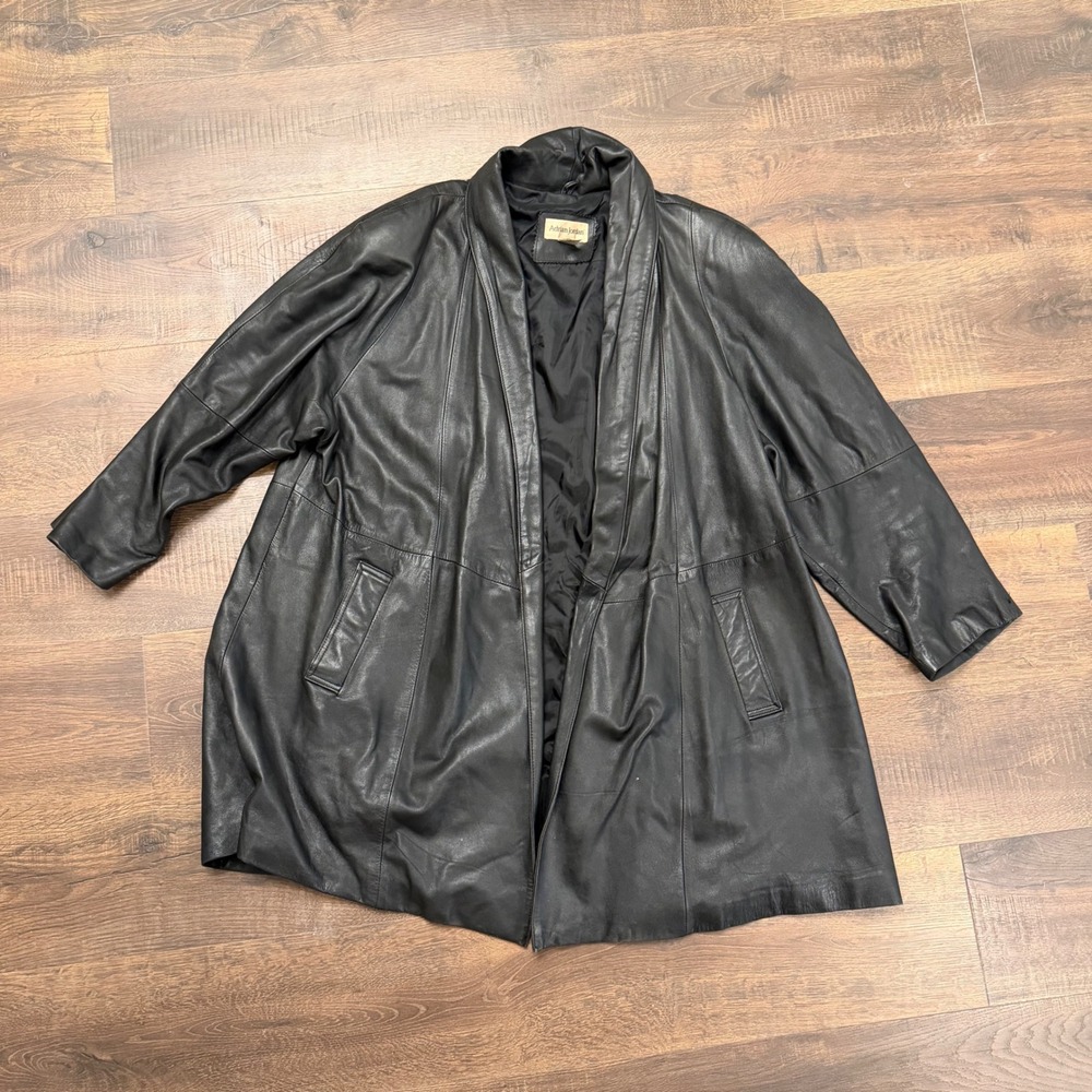 Adrian Jordan Black Leather Open Front Jacket Oversized Coat Size 18/20